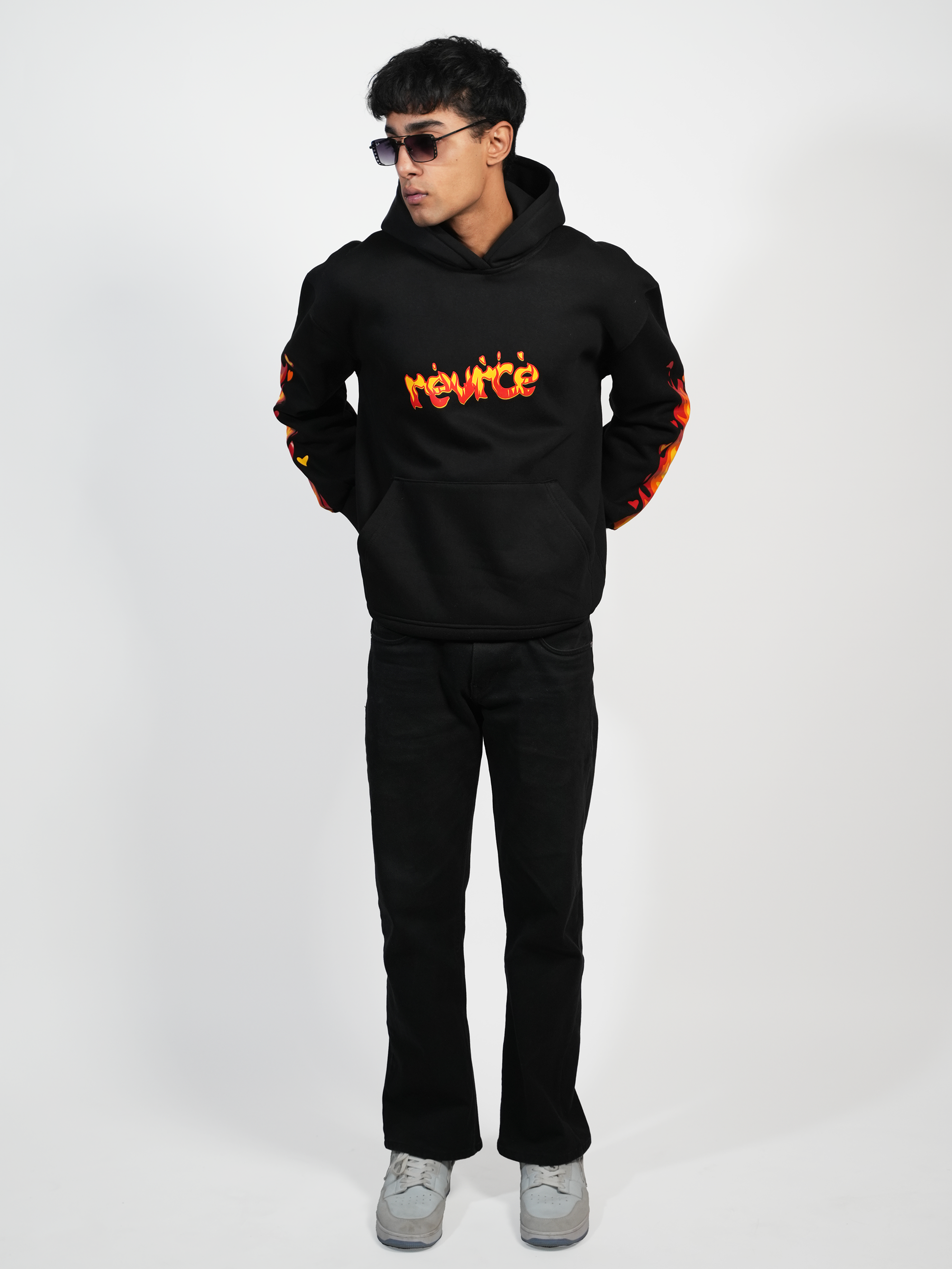 BLACK FLAMING HOODIE - REVRCE