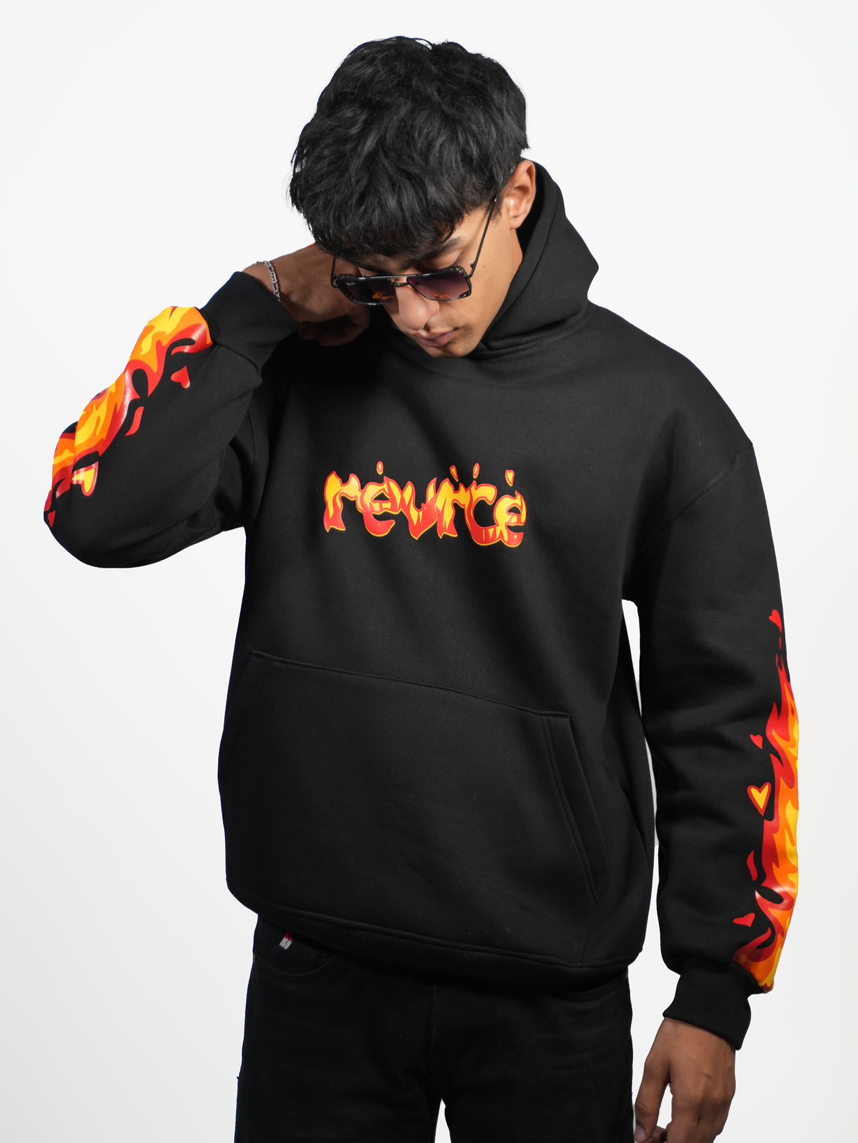 BLACK FLAMING HOODIE - REVRCE