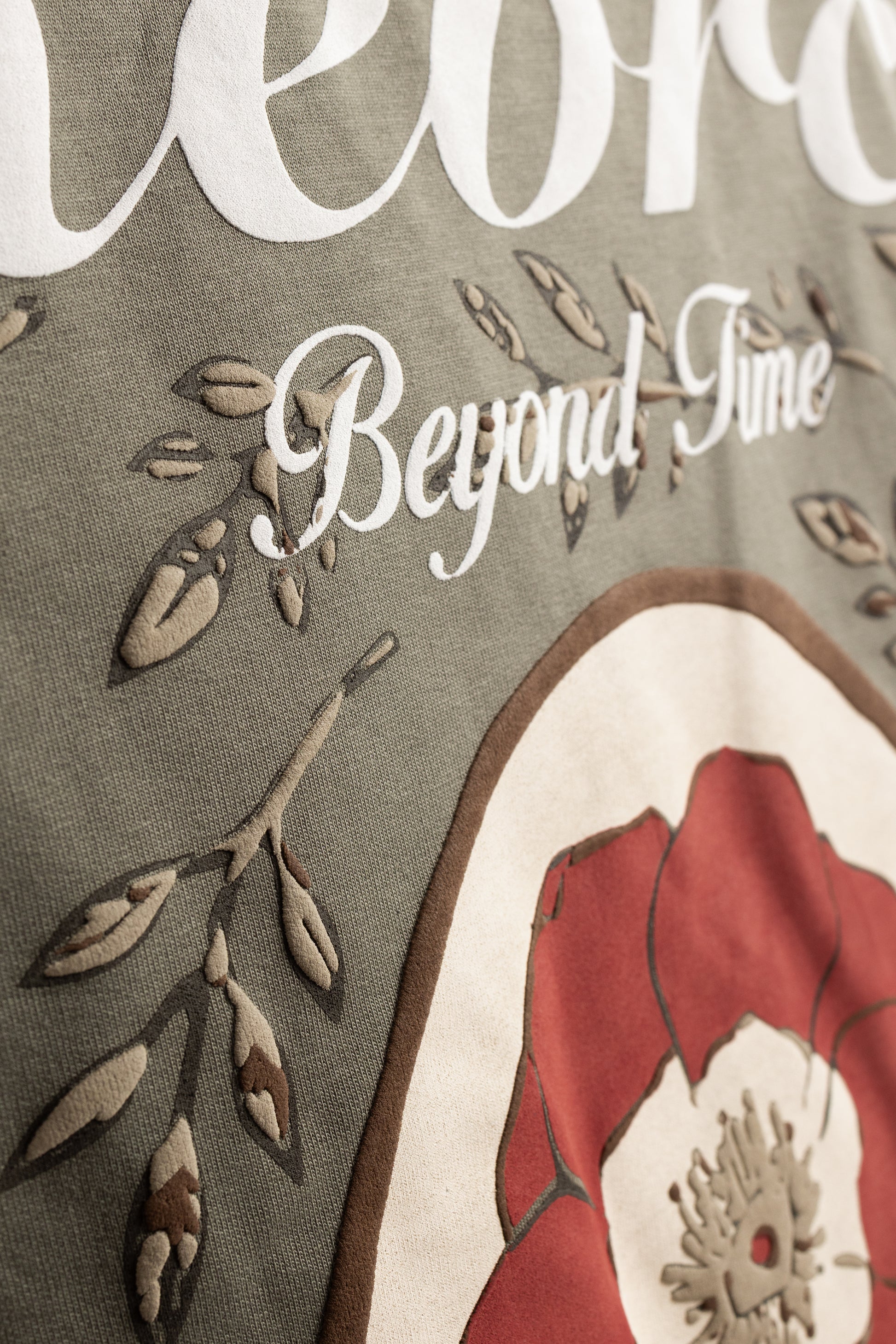 Alternate angle of Olive Beyond Time T Shirt by Revrce, oversized unisex streetwear t-shirt