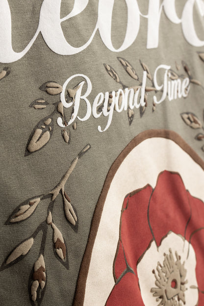 Alternate angle of Olive Beyond Time T Shirt by Revrce, oversized unisex streetwear t-shirt