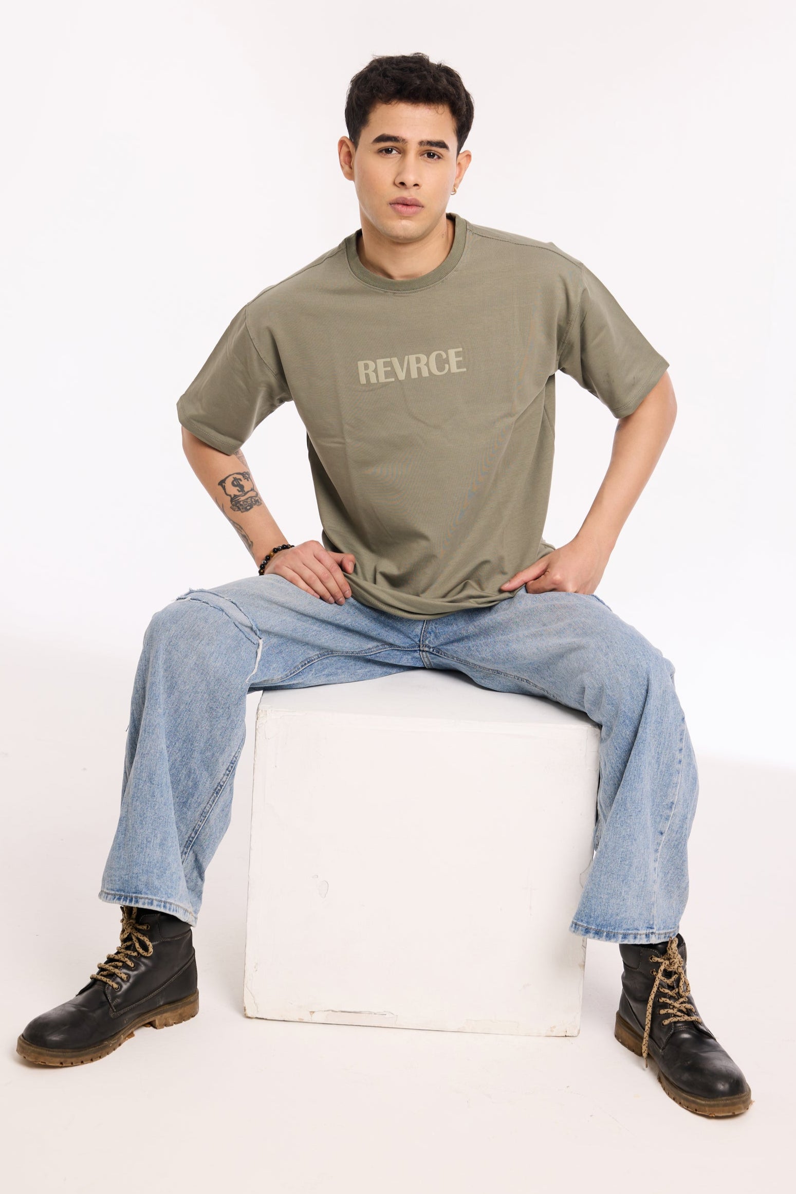 Alternate angle of Cement by Revrce, oversized unisex streetwear t-shirt