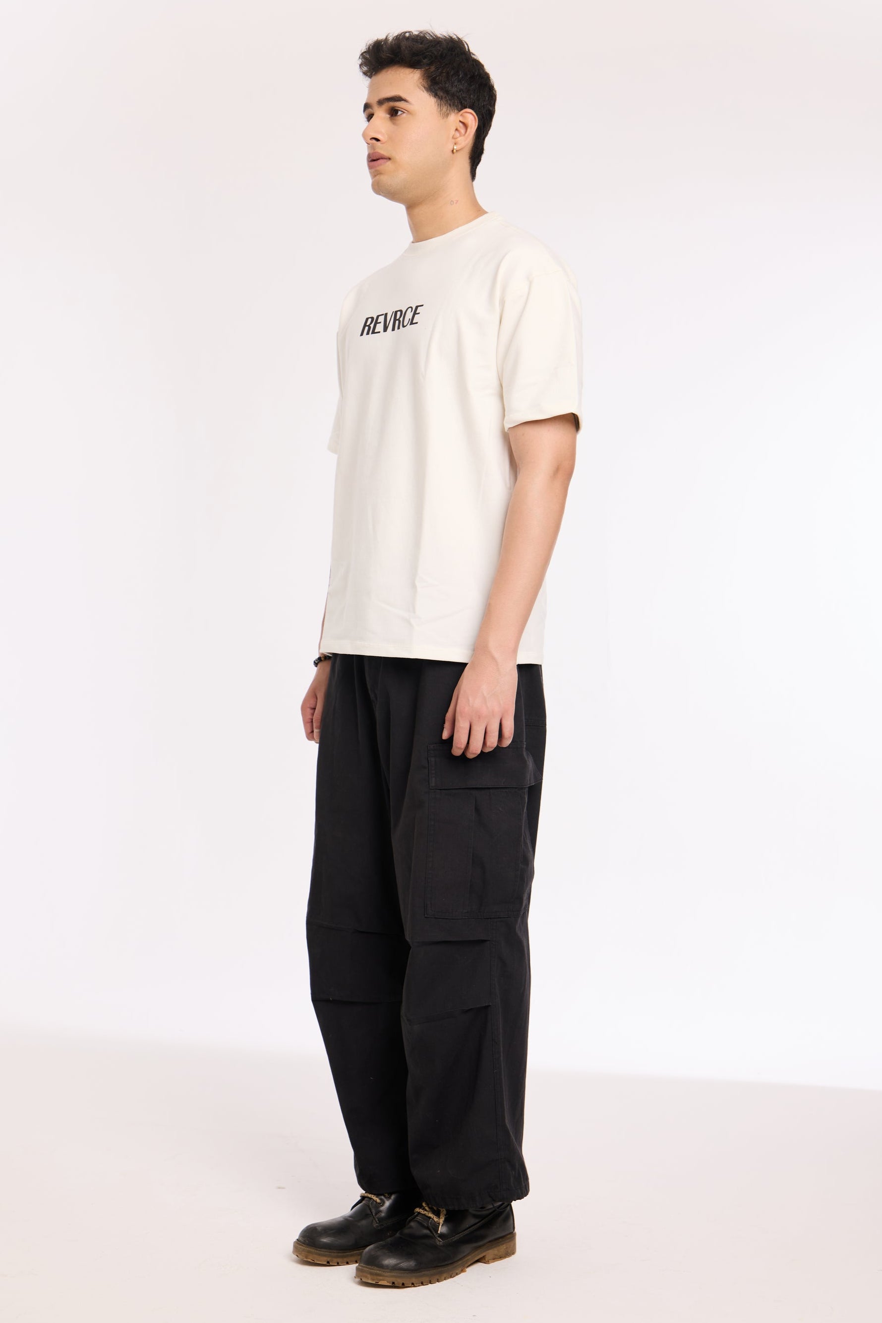 Flat lay of Off White Noise T Shirt by Revrce, oversized streetwear t-shirt in detail