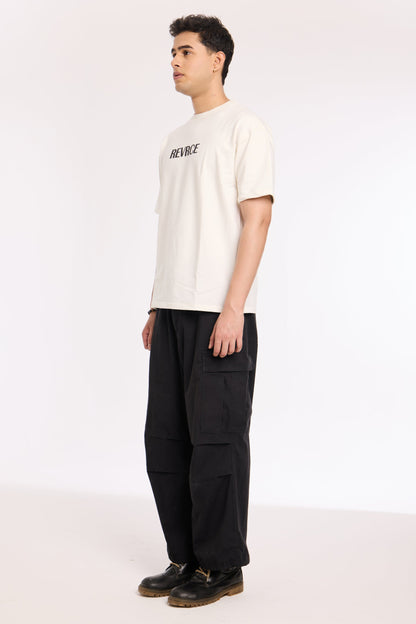 Flat lay of Off White Noise T Shirt by Revrce, oversized streetwear t-shirt in detail
