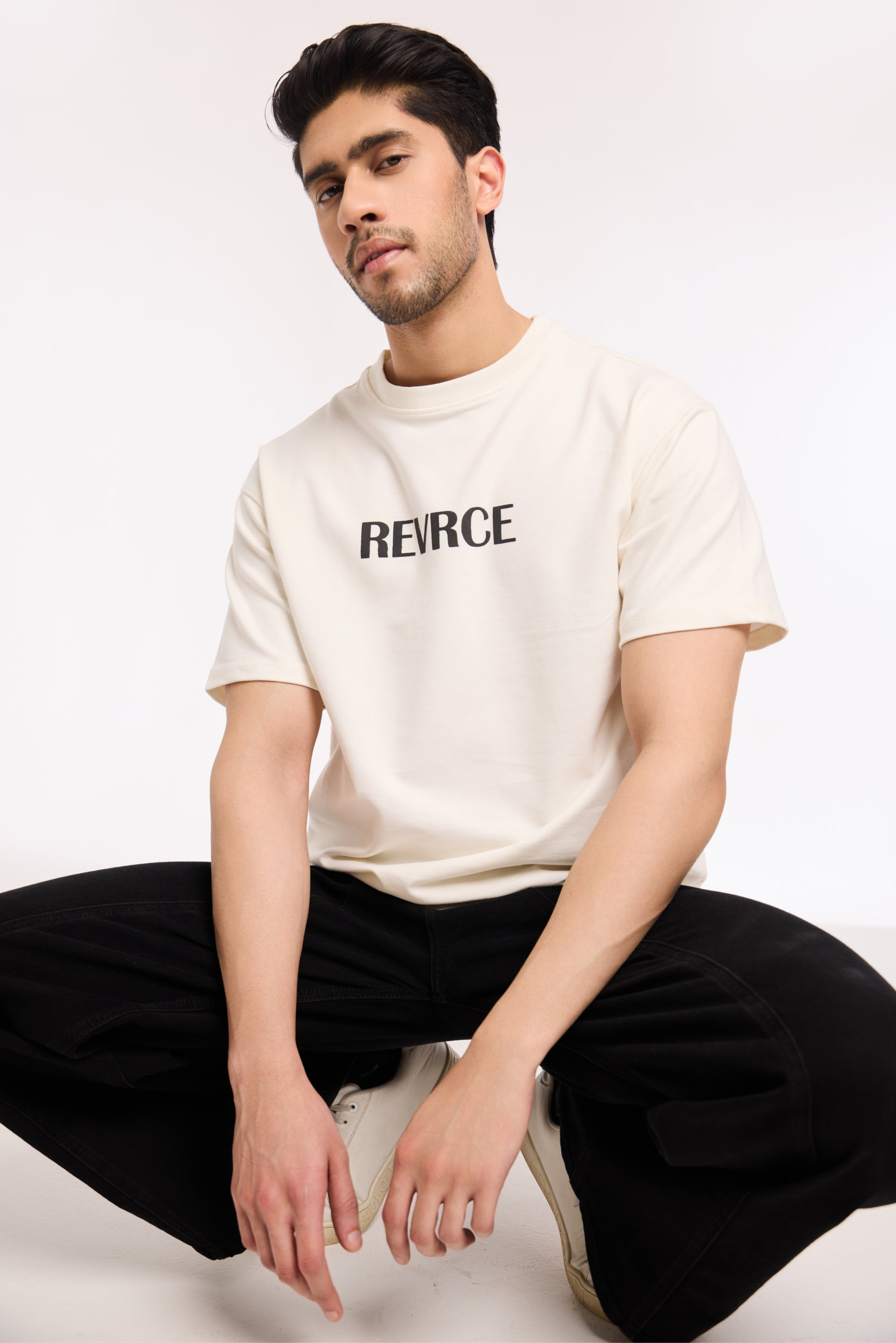 Alternate angle of Off White Noise T Shirt by Revrce, oversized unisex streetwear t-shirt