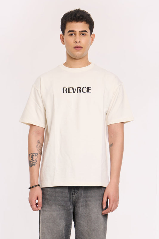 Model wearing Off White Noise T Shirt by Revrce, oversized fit streetwear T-shirt with front graphic