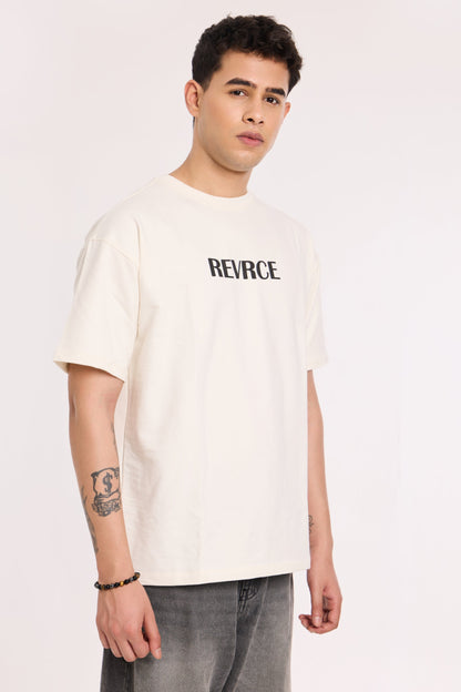 Model wearing Revrce Divine Ascent T Shirt by Revrce, oversized fit streetwear T-shirt with front graphic