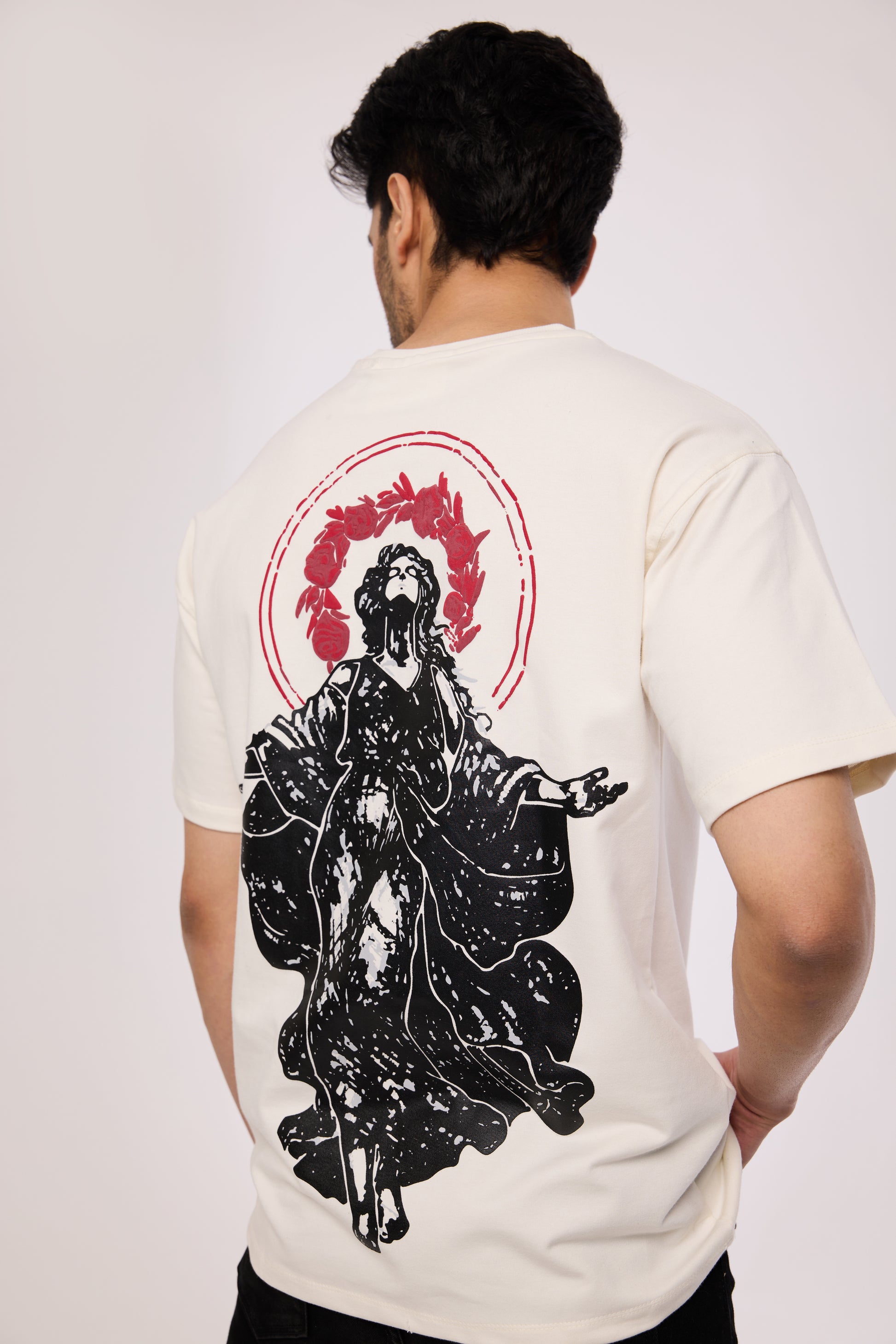 Flat lay of Revrce Divine Ascent T Shirt by Revrce, oversized streetwear t-shirt in detail