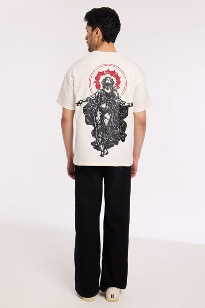 Back view of model wearing Revrce Divine Ascent T Shirt by Revrce, oversized streetwear t-shirt