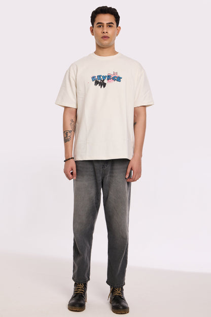 Model wearing Abstract Chaos T Shirt by Revrce, oversized fit streetwear T-shirt with front graphic