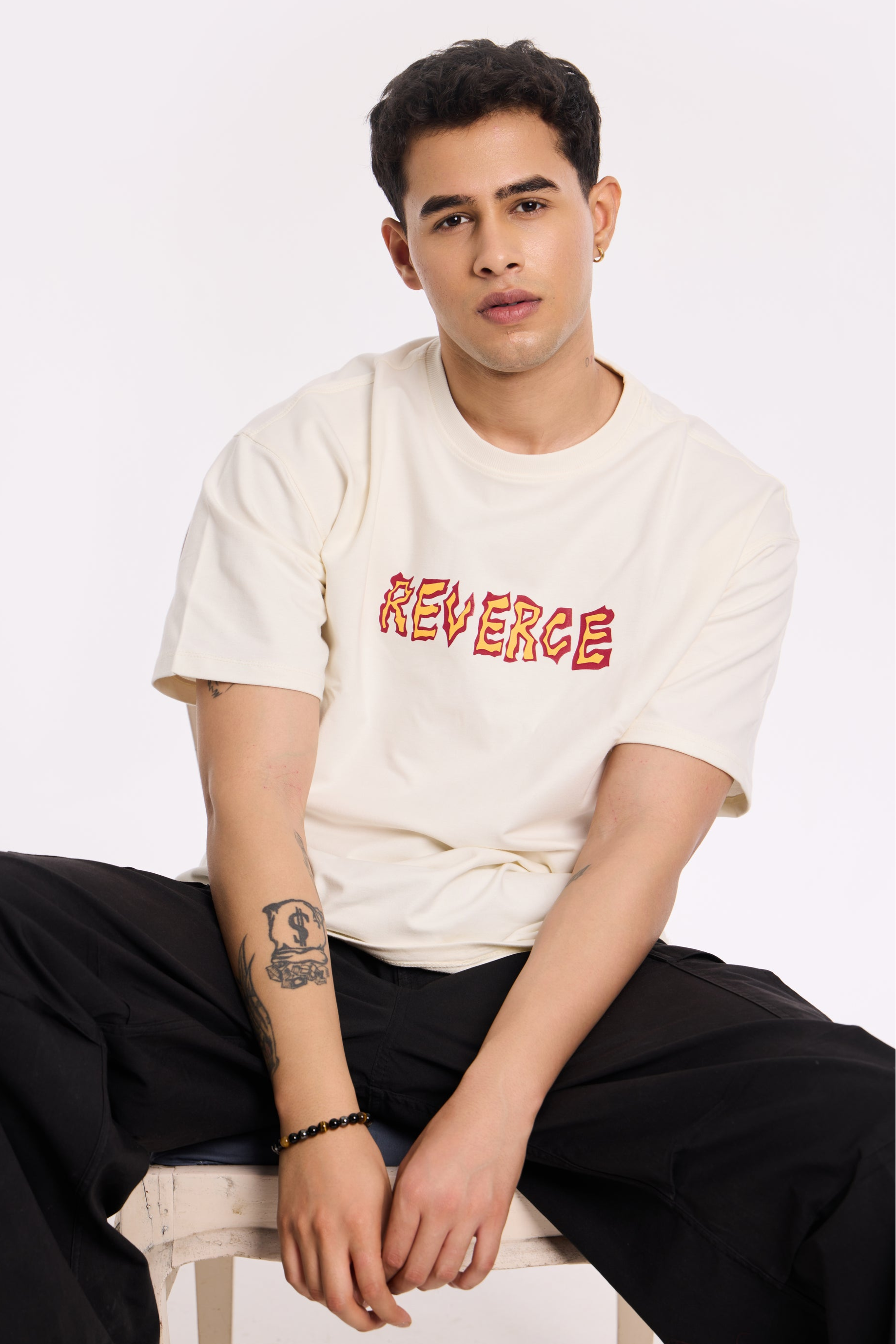 Alternate angle of Fired Up White T Shirt by Revrce, oversized unisex streetwear t-shirt