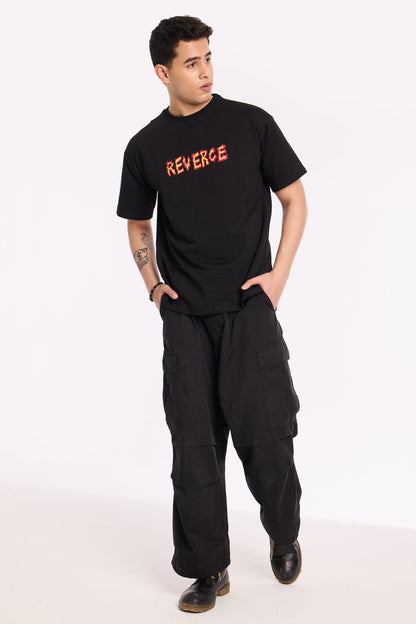 Alternate angle of Fired Up Black T Shirt by Revrce, oversized unisex streetwear t-shirt